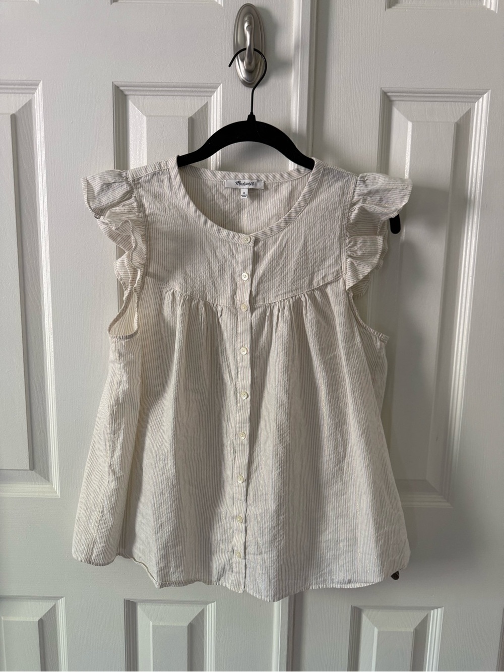 Madewell Ivory Multi Stripe Flutter Sleeve Textured Top (Metallic Thread) Medium